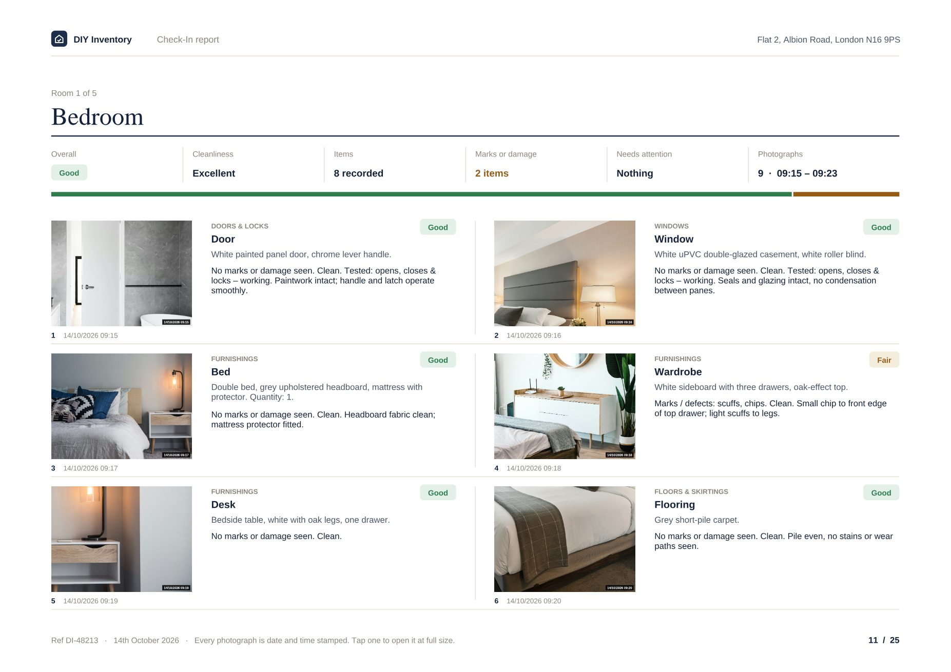 A room page of the example report, with photos and conditions